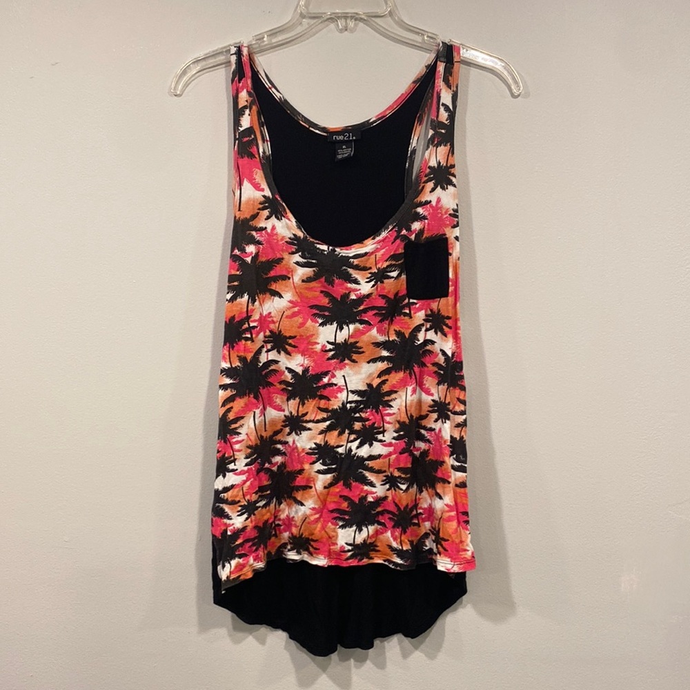 Tank top. Size XL. Pink, black and orange Palm tree pattern.